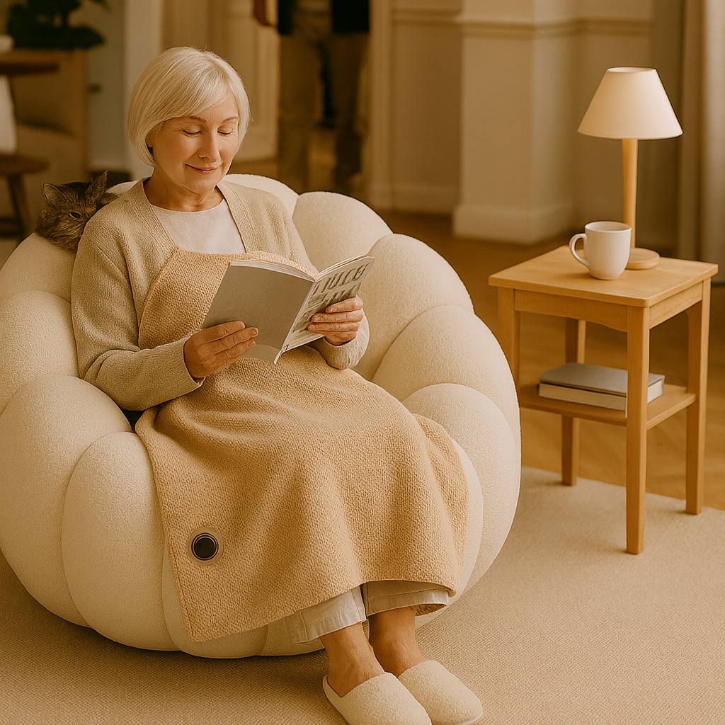 Femme lisant sur un fauteuil, portant une couverture-veste chauffante taupe clair ; lampe de table et tasse sur un guéridon, intérieur de salon, personne en arrière-plan