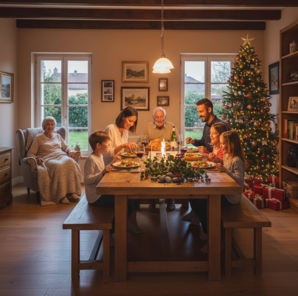 Cheminée de table rectangulaire allumée au centre d’une table de salle à manger, scène familiale festive.