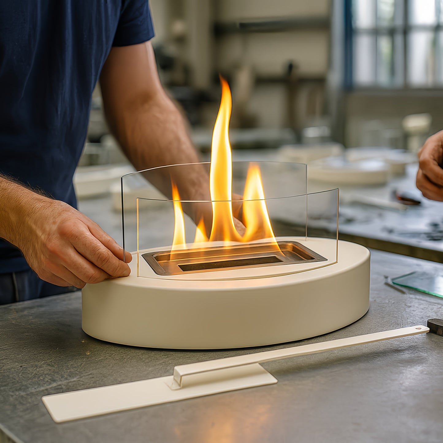 Cheminée de table blanche à l'usine.