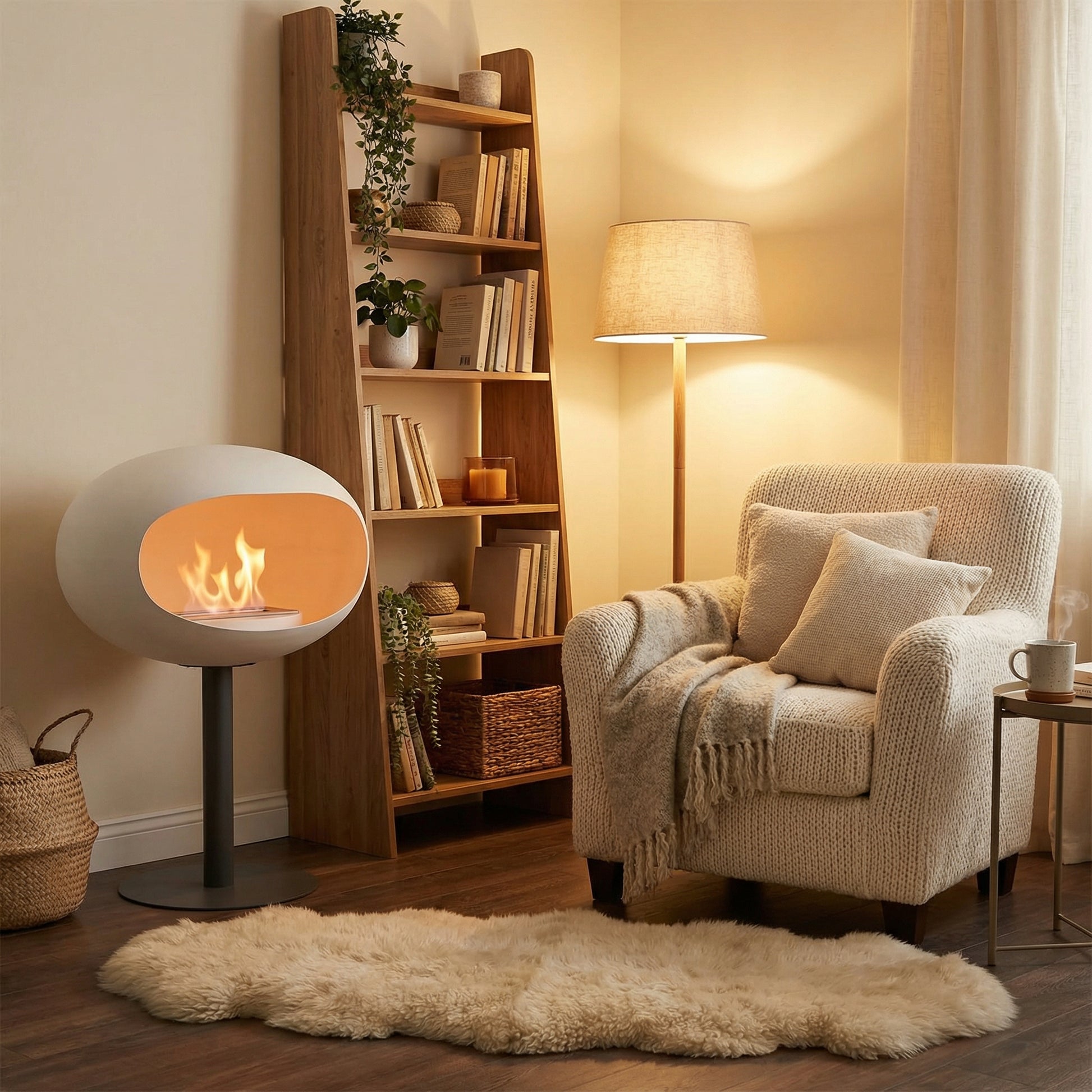 Cheminée éthanol sur pied blanche dans salon cosy avec fauteuil et étagère en bois.