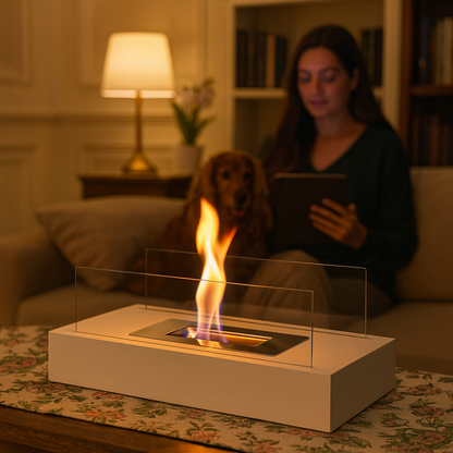 Cheminée de table rectangulaire en verre sur base blanche, flamme visible sur une table basse de salon.