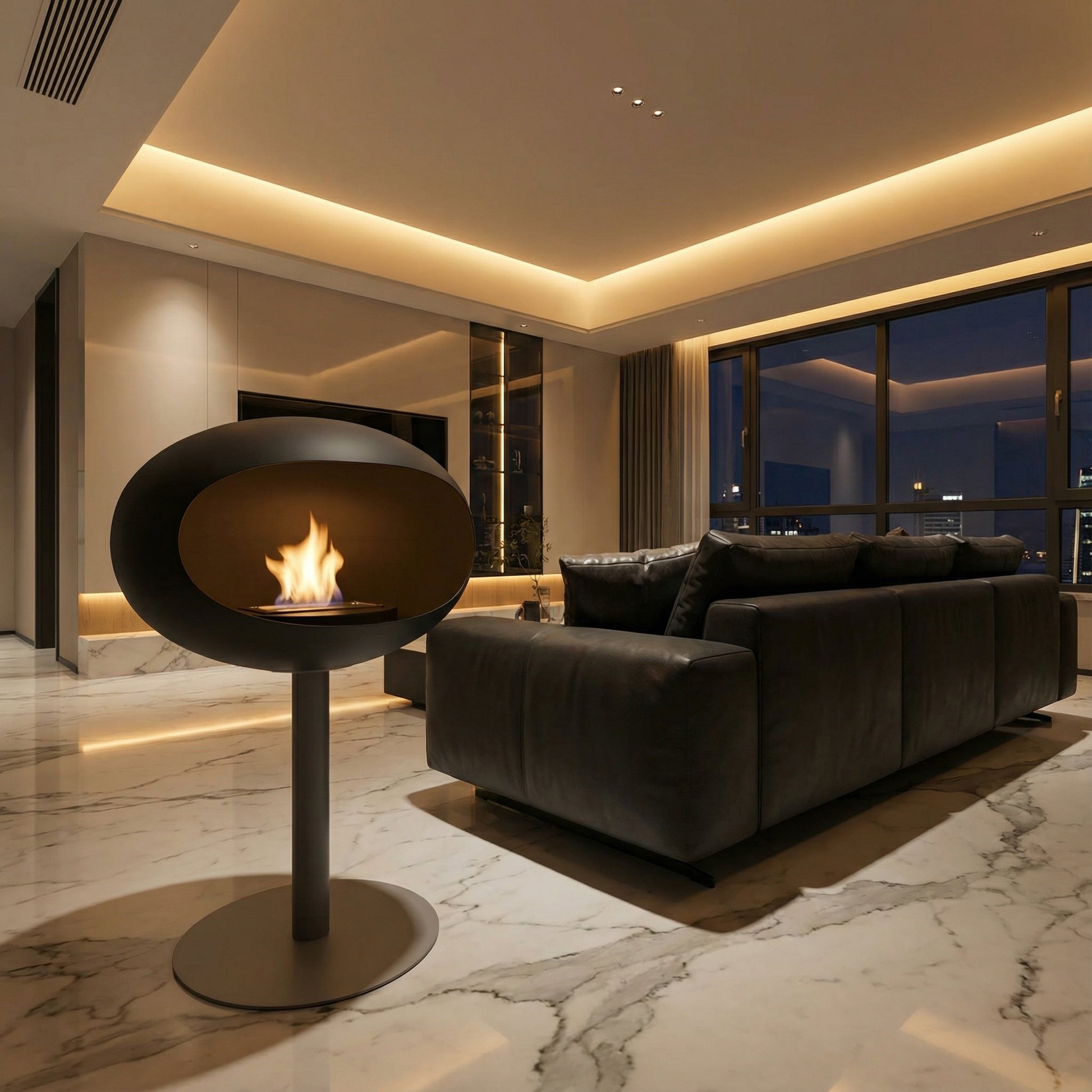 Cheminée éthanol sur pied noire dans salon contemporain haut de gamme.