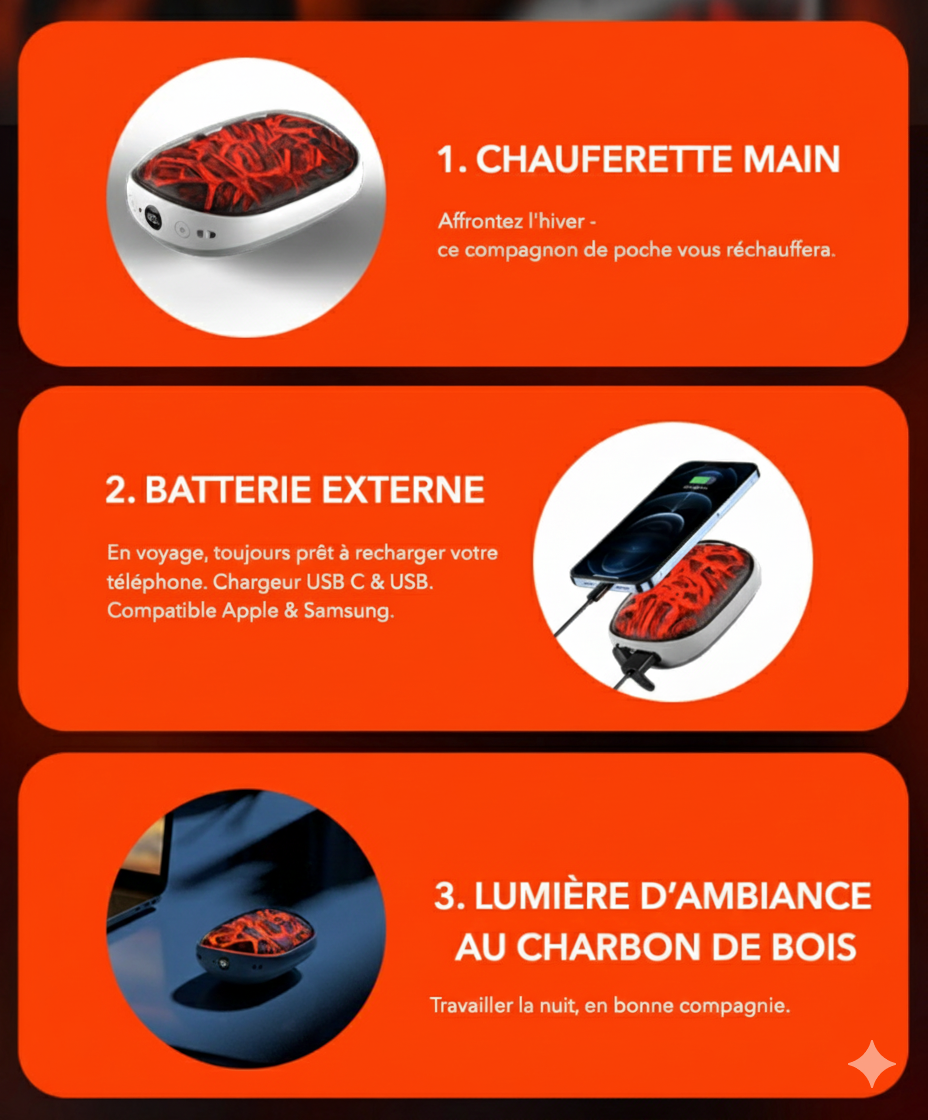 Chauffe main rechargeable USB-C pour le ski, batterie 5h - aspect flamme avec chauffe rapide - 3 niveaux, 2000 mAh lithium