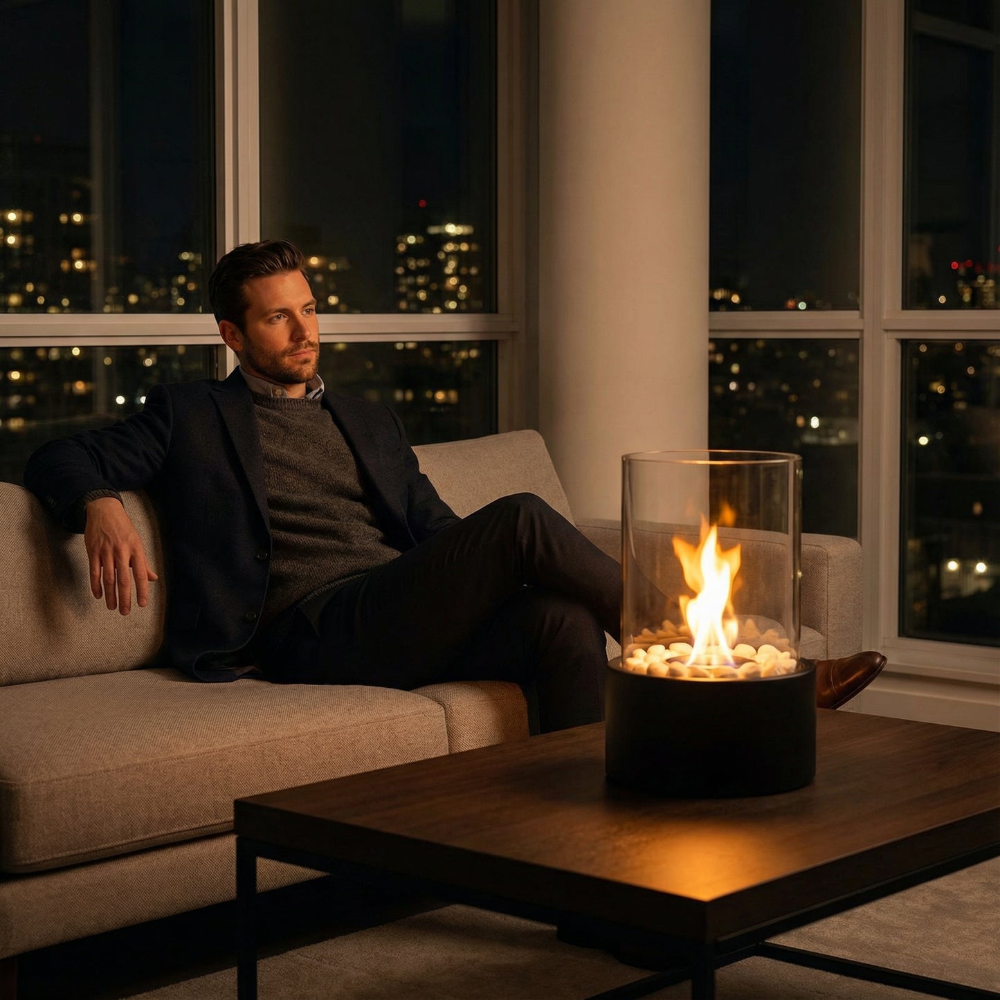 Ambiance cocooning avec un homme relaxé dans son salon, éclairé par la lueur dorée du foyer bioéthanol posé sur une table basse.