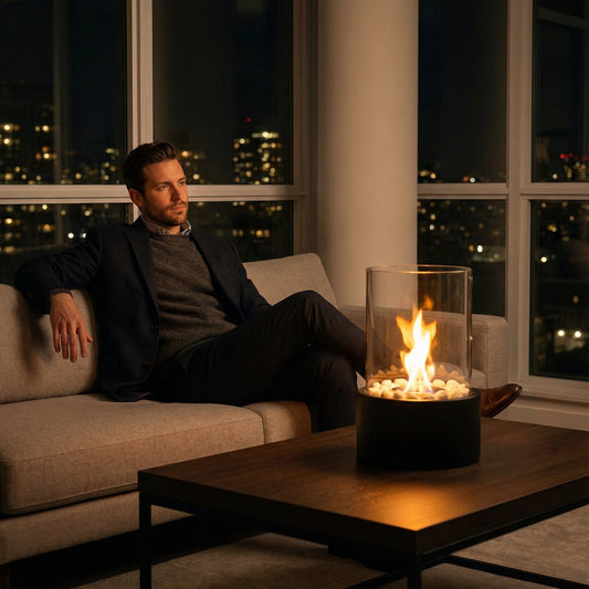 Ambiance cocooning avec un homme relaxé dans son salon, éclairé par la lueur dorée du foyer bioéthanol posé sur une table basse.