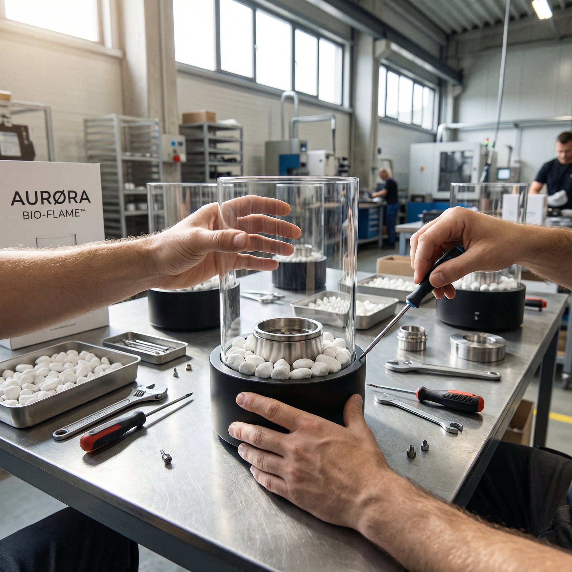 Gros plan sur l'assemblage manuel et le contrôle qualité de la base en acier de l'AURØRA BIO-FLAME™ en usine.