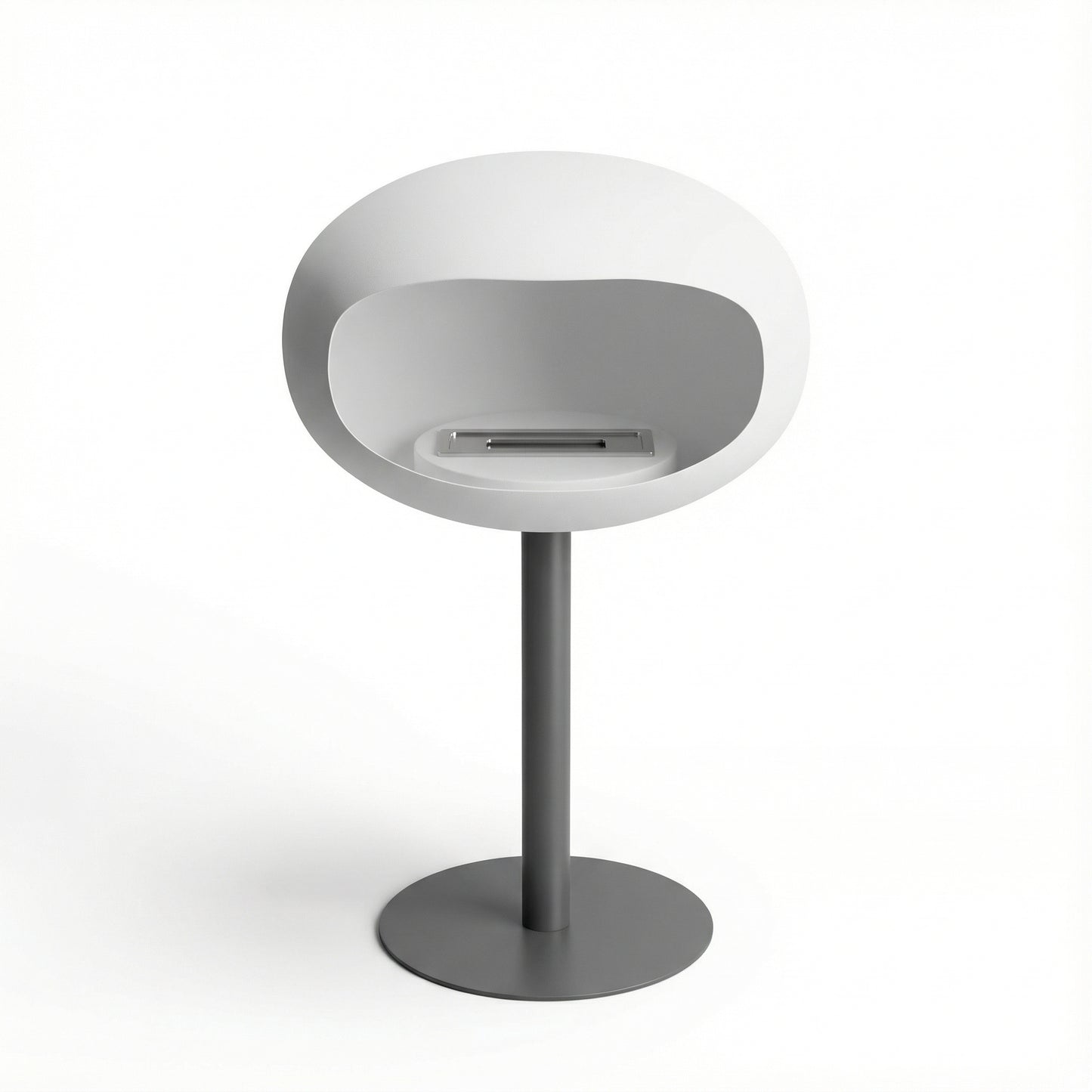 Cheminée éthanol sur pied blanche au design moderne avec flamme visible.