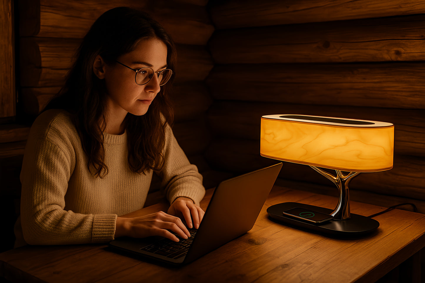 Lampe de chevet tactile élégante, LED à intensité variable, veilleuse douce, arbre de lumière en bois, avec son 360° - 3000K/4000K/6500K, chargeur sans fil Qi, haut-parleur Bluetooth