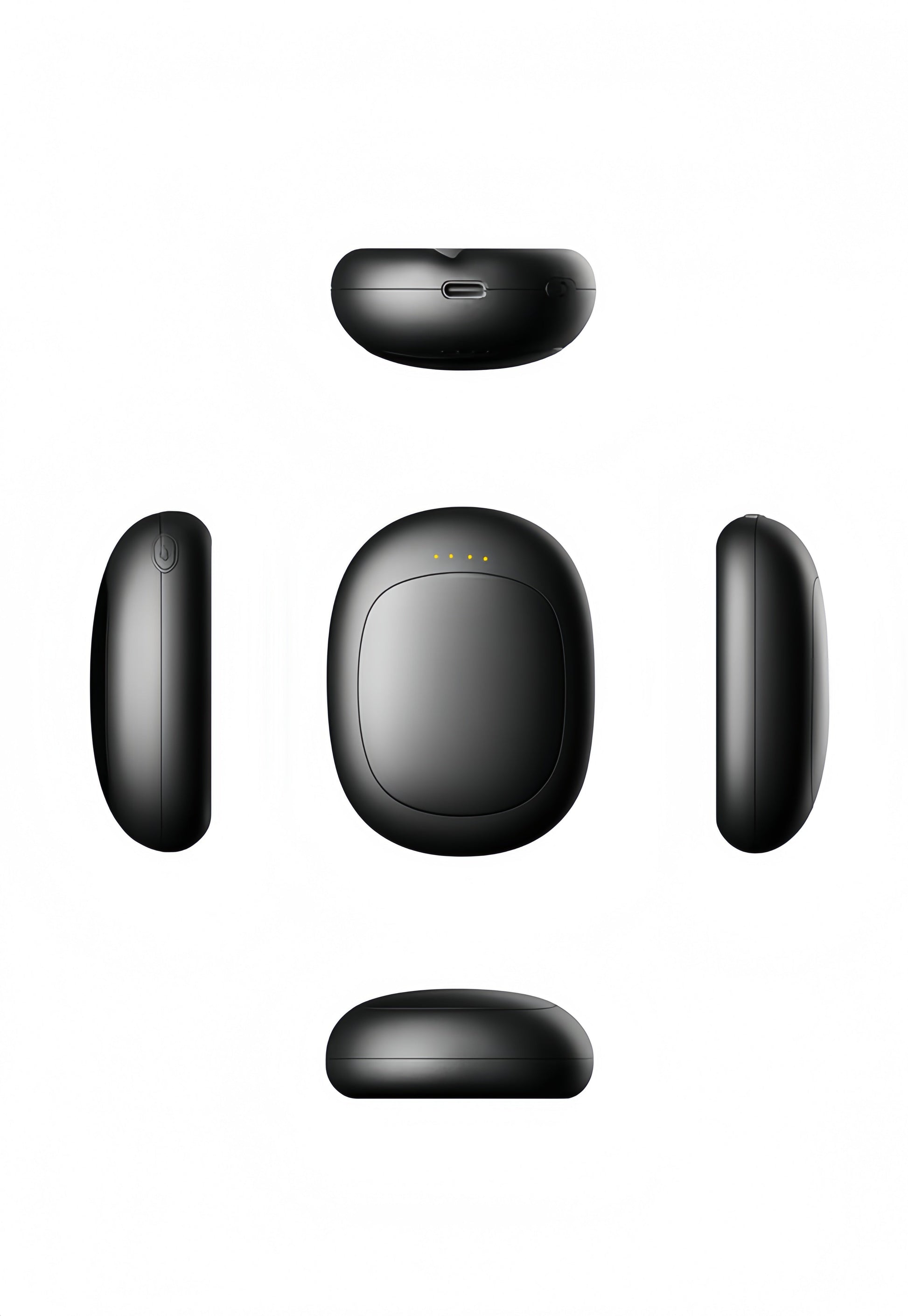 Chauffe-main forme grain de café, coloris noir - vues multiples (faces, tranche, connectique USB-C), fond blanc.