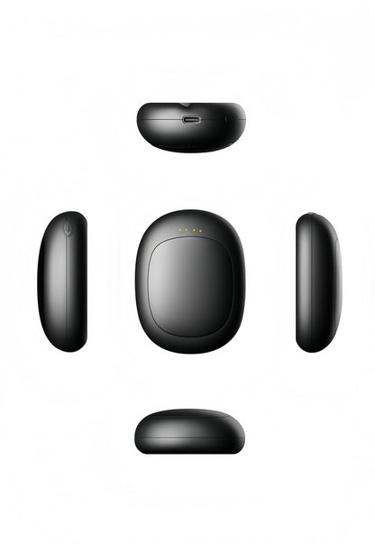 Chauffe-main forme grain de café, coloris noir - vues multiples (faces, tranche, connectique USB-C), fond blanc.