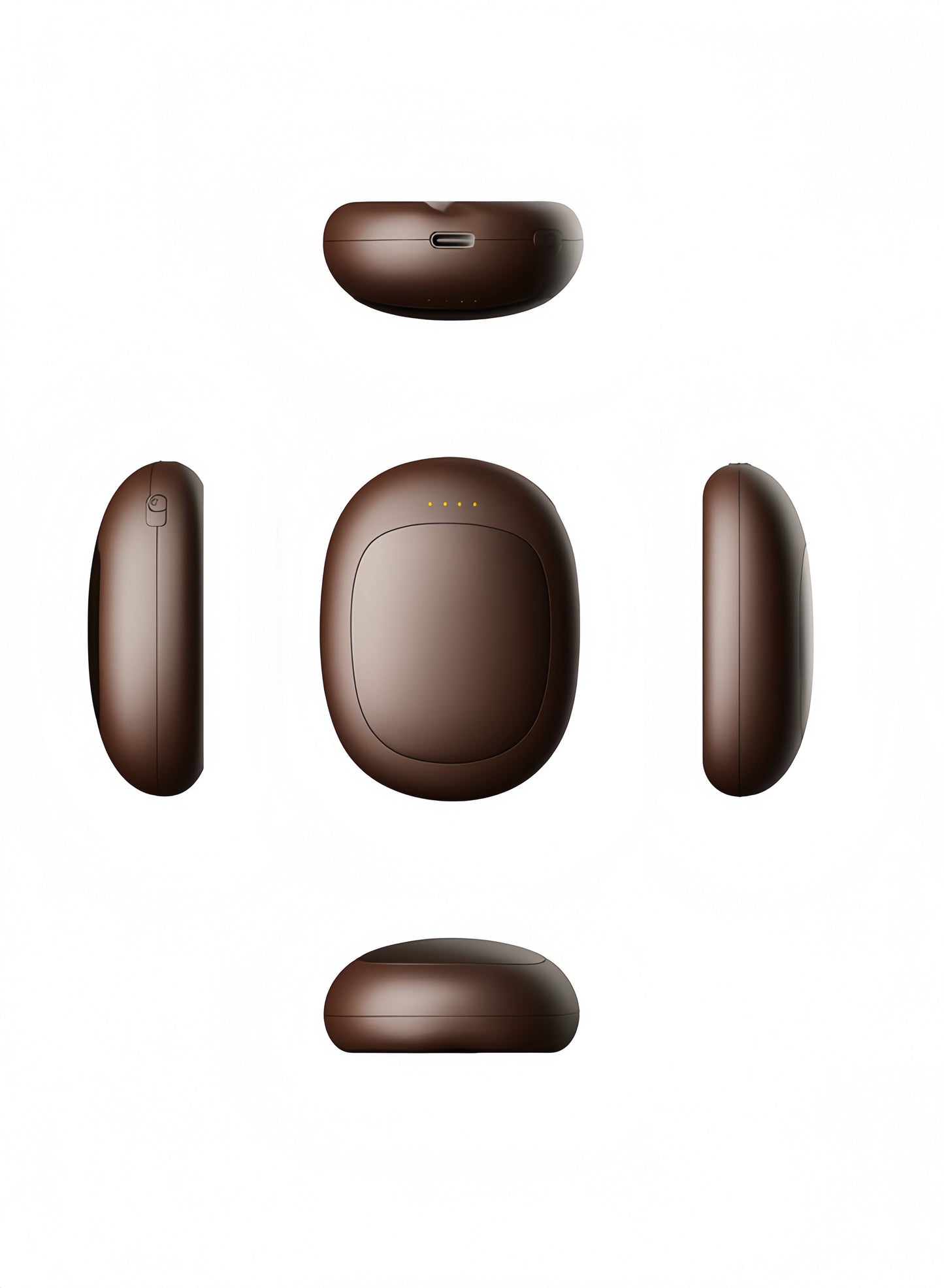 Chauffe-main forme grain de café, coloris chocolat - vues multiples (faces, tranche, connectique USB-C), fond blanc.