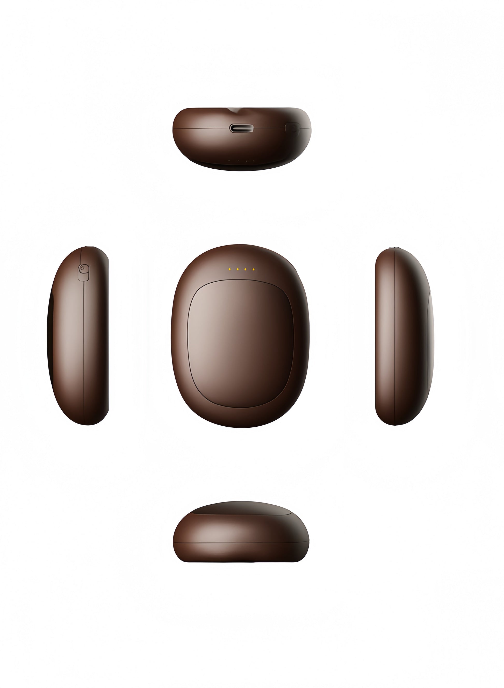 Chauffe-main forme grain de café, coloris chocolat - vues multiples (faces, tranche, connectique USB-C), fond blanc.