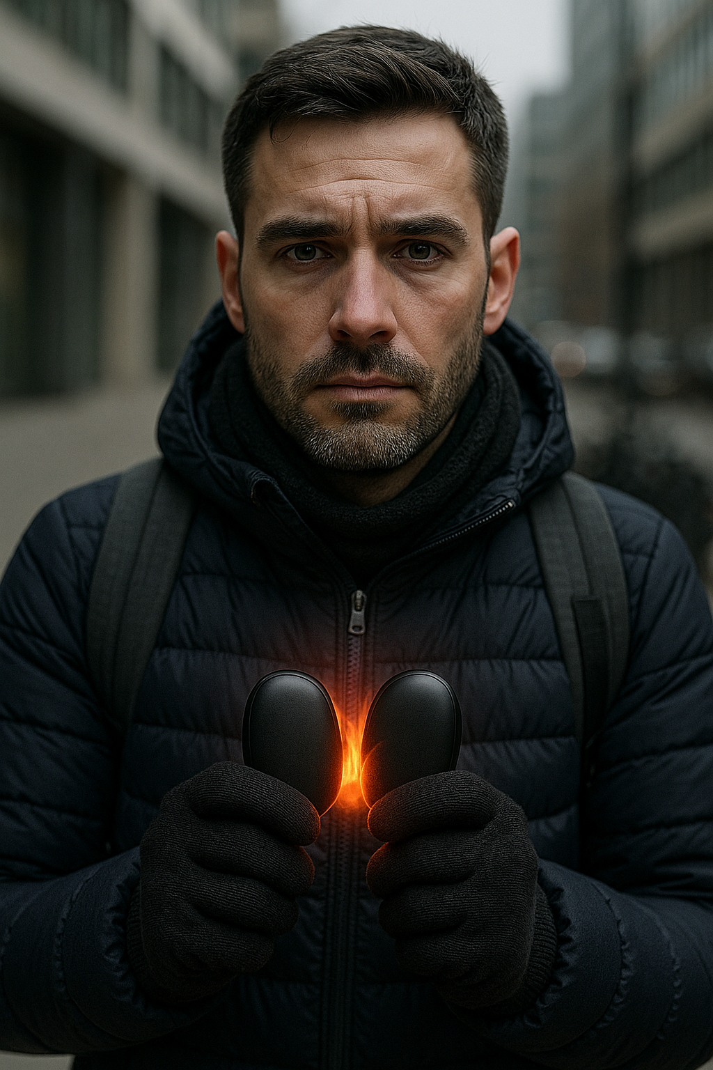 Homme trentenaire tenant dans chacune de ses mains un chauffe main noir, chaleur visible, arrière-plan trottoir et route.