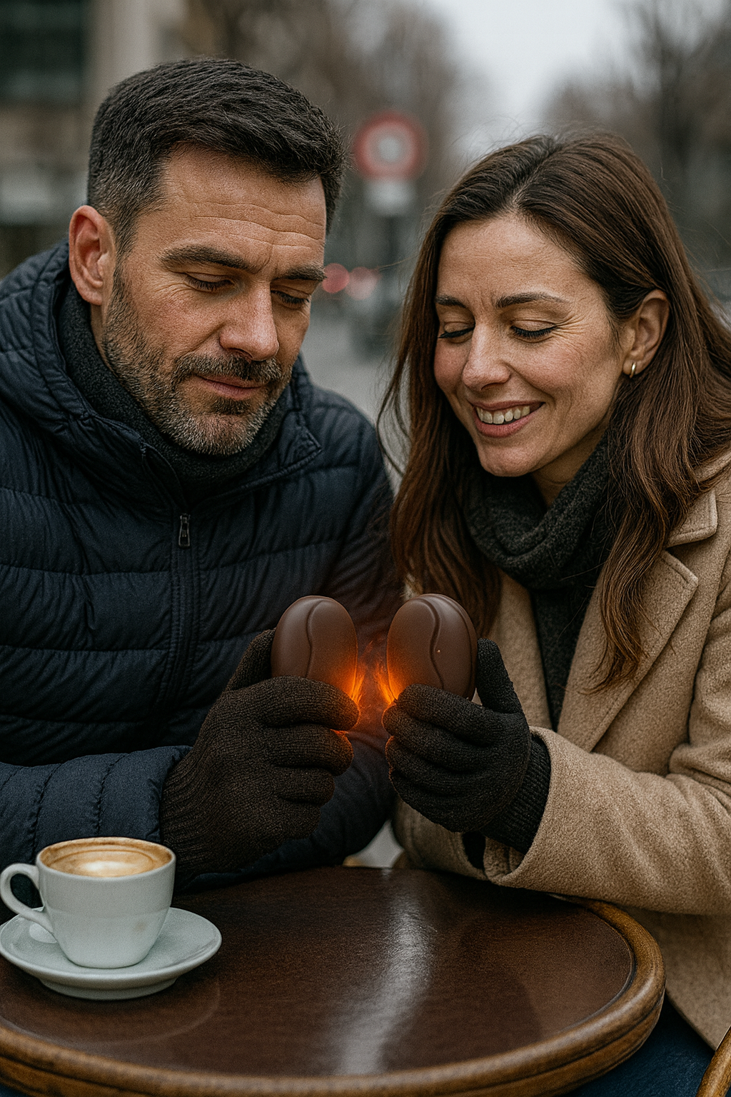 Trentenaires, homme et femme, utilisant chacun un chauffe main, sur une table d'une terrasse d'un café.
