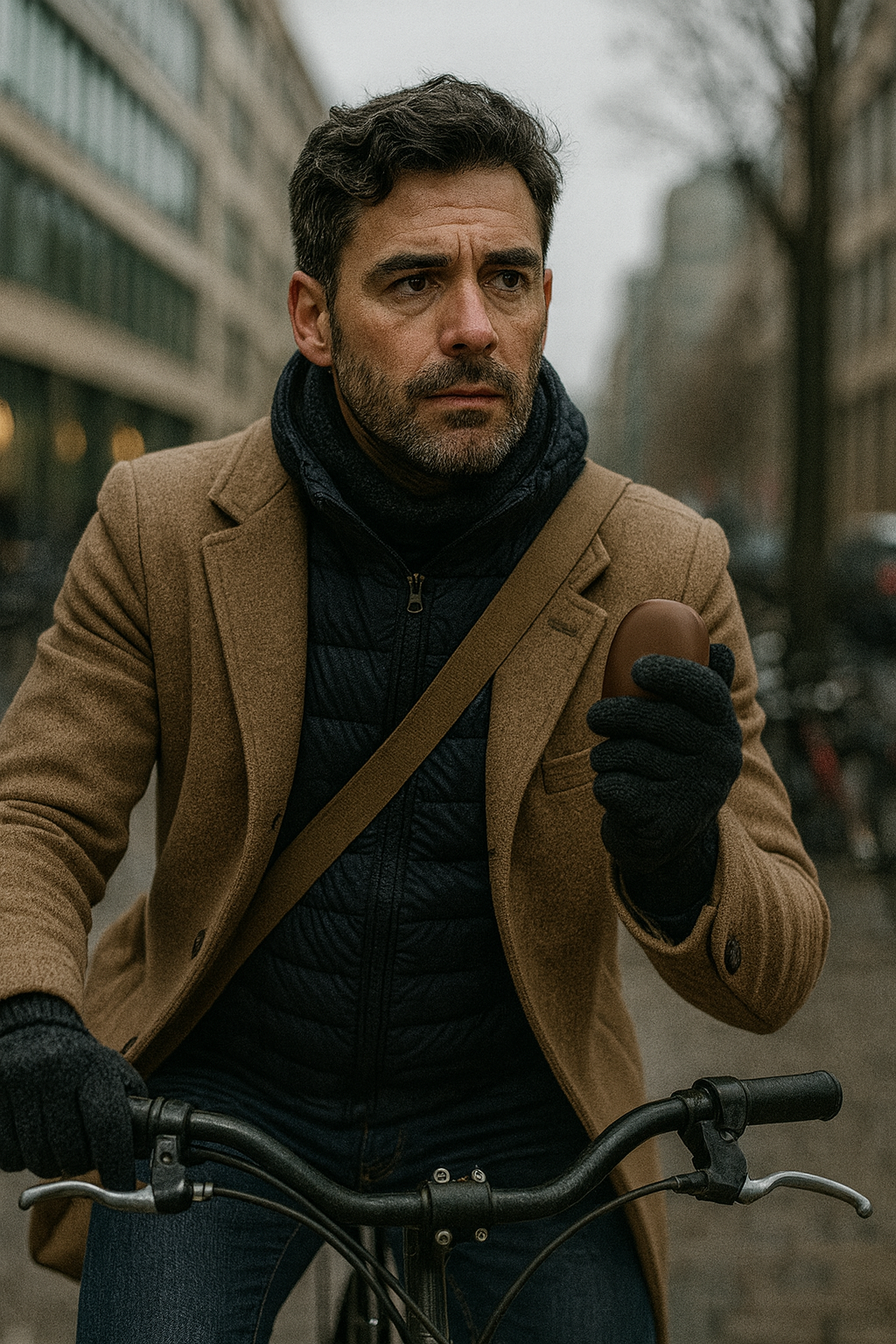 Homme trentenaire à vélo, tenant son guidon à l'aide de sa main droite et tenant dans son autre main un chauffe main marron.