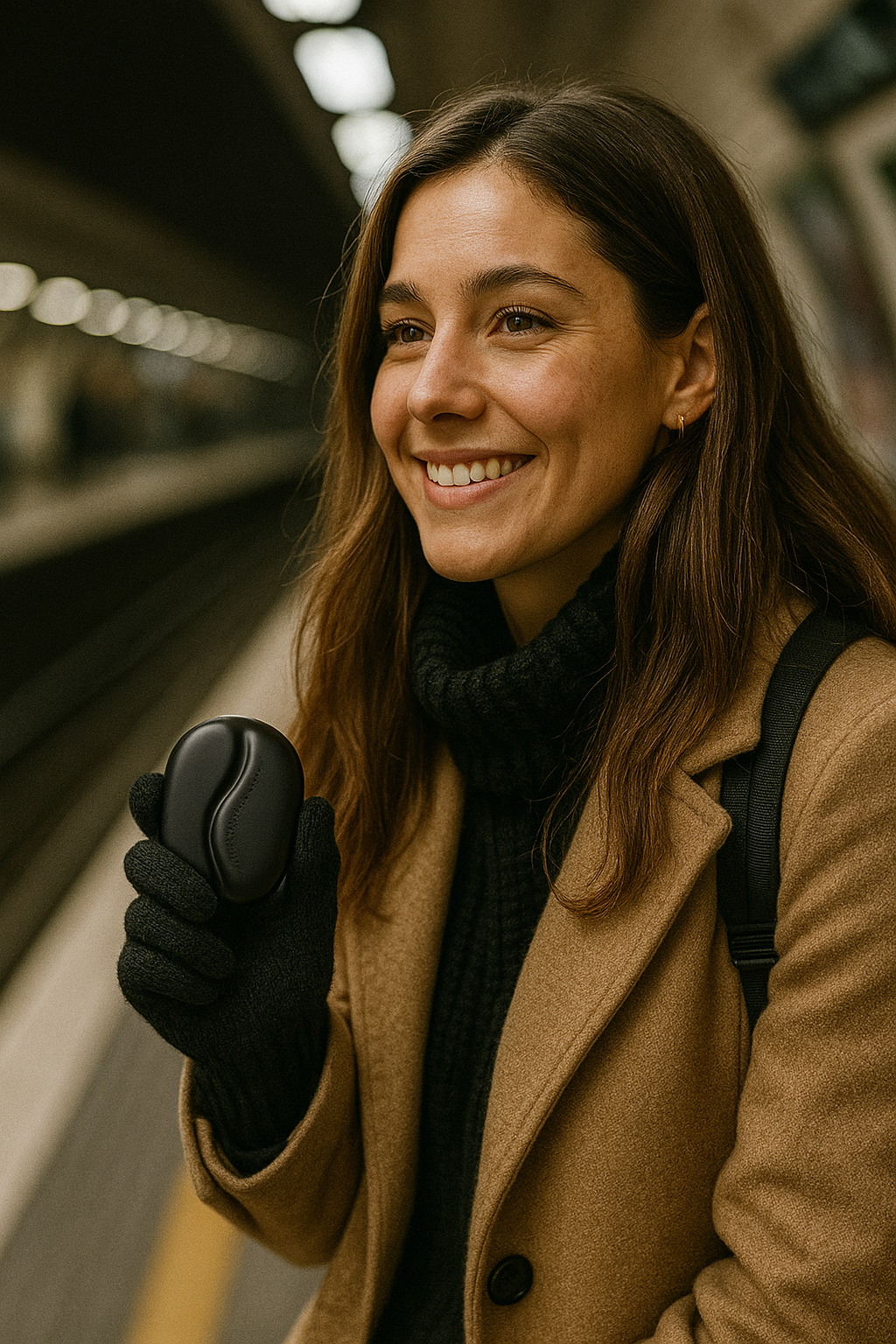 Femme trentenaire avec un chauffe main dans sa main droite, patientant l'arrivé du métro.