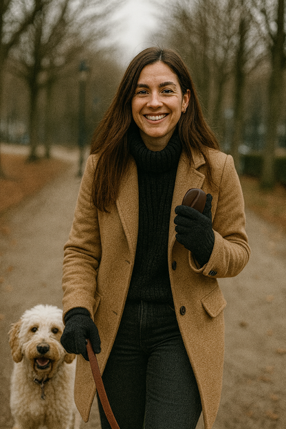 Femme trentenaire en balade avec son chien qu'elle tient en laisse avec sa main droite et utilisant un chauffe main dans sa main gauche.