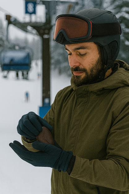 Homme trentenaire dans une station de ski, tenant un chauffe main marron dans ses mains et s'apprêtant à le glisser dans un gant, remontées mécaniques en arrière-plan.