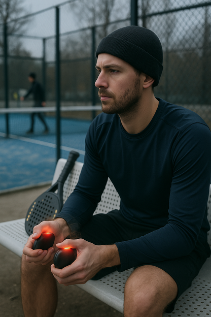 Trentenaire en tenue de sport utilisant deux chauffe-mains, sur un banc à côté d'un terrain de padel pour réchauffer ses mains froides, crispées, gelées.