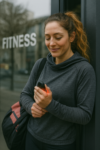 Trentenaire femme devant d'une salle de gym/fitness, tenant un chauffe main dans sa main gauche