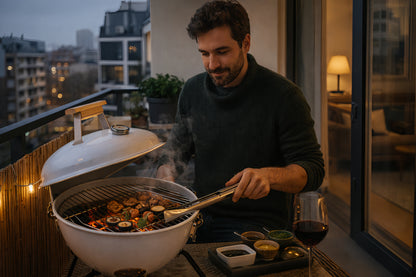 Barbecue charbon portable Calora™ Kettle utilisé sur un balcon urbain, cuisson sous couvercle avec grillades et ambiance chaleureuse.