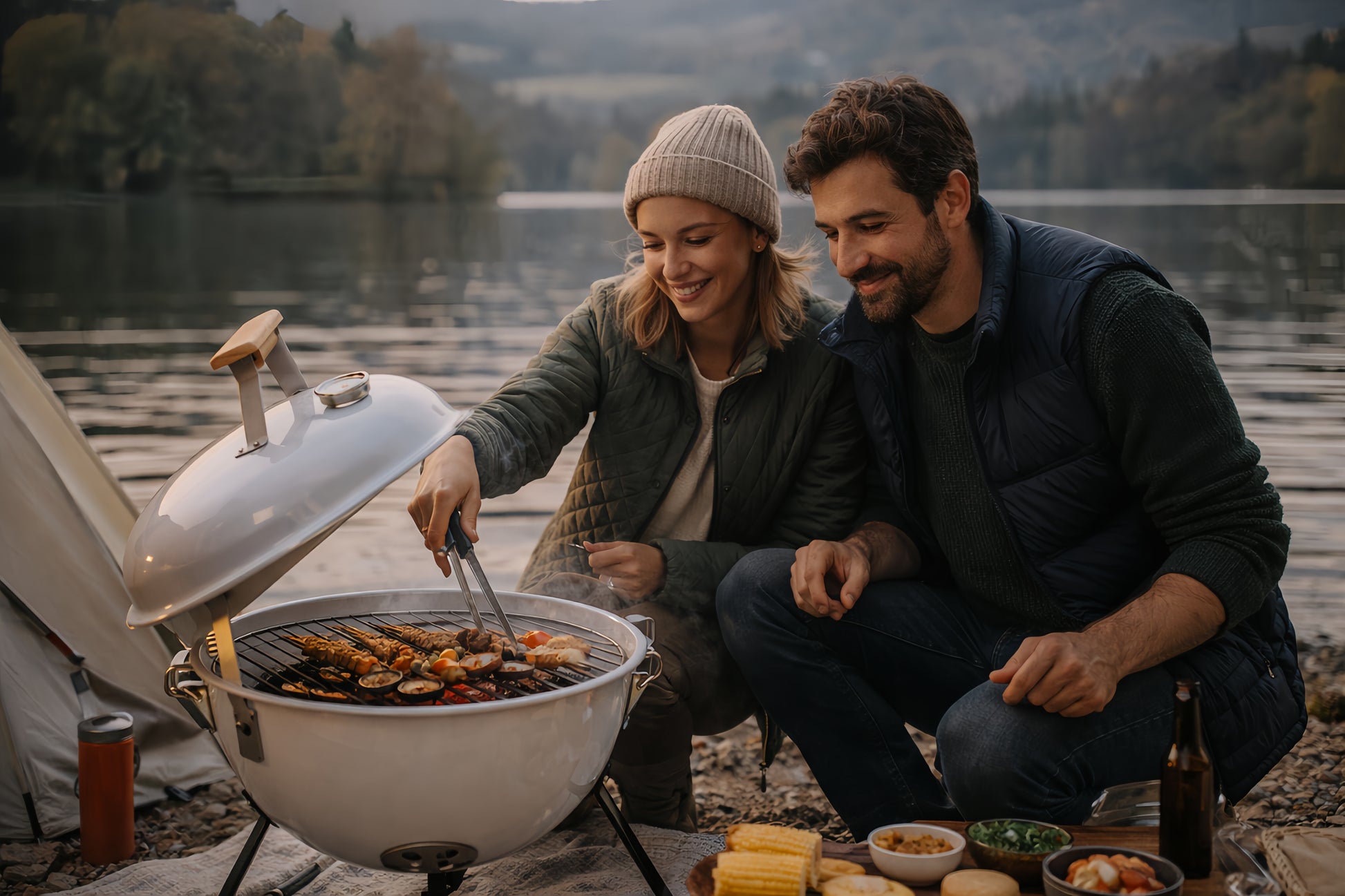 Barbecue au charbon compact Calora™ Kettle en camping au bord d’un lac, cuisson conviviale en plein air.