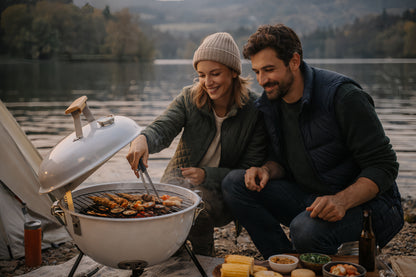 Barbecue au charbon compact Calora™ Kettle en camping au bord d’un lac, cuisson conviviale en plein air.