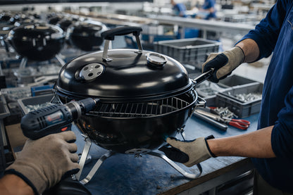 Assemblage du barbecue charbon Calora™ Kettle en atelier, structure en acier et finition robuste.
