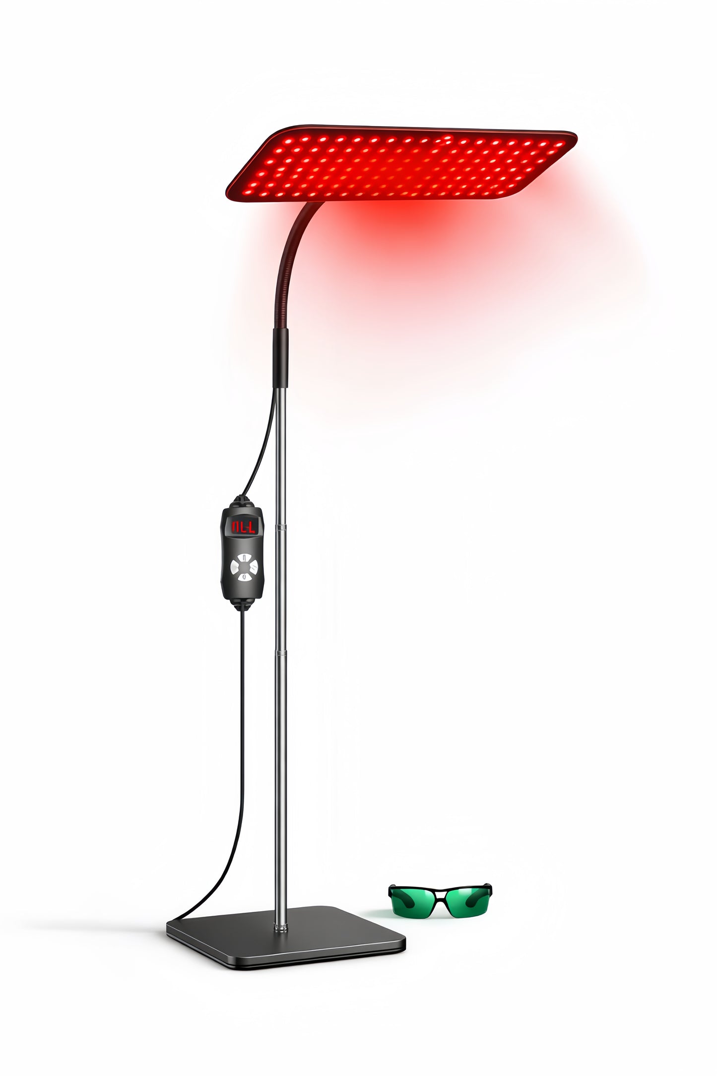 Lampe de luminothérapie rouge 660–850 nm sur pied avec base stable, panneau LED rectangulaire et lunettes de protection incluses.