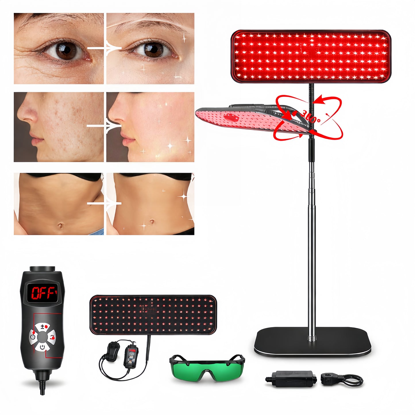 Illustration des zones du visage et du corps associées à la luminothérapie rouge pour le bien-être et l’aspect de la peau.