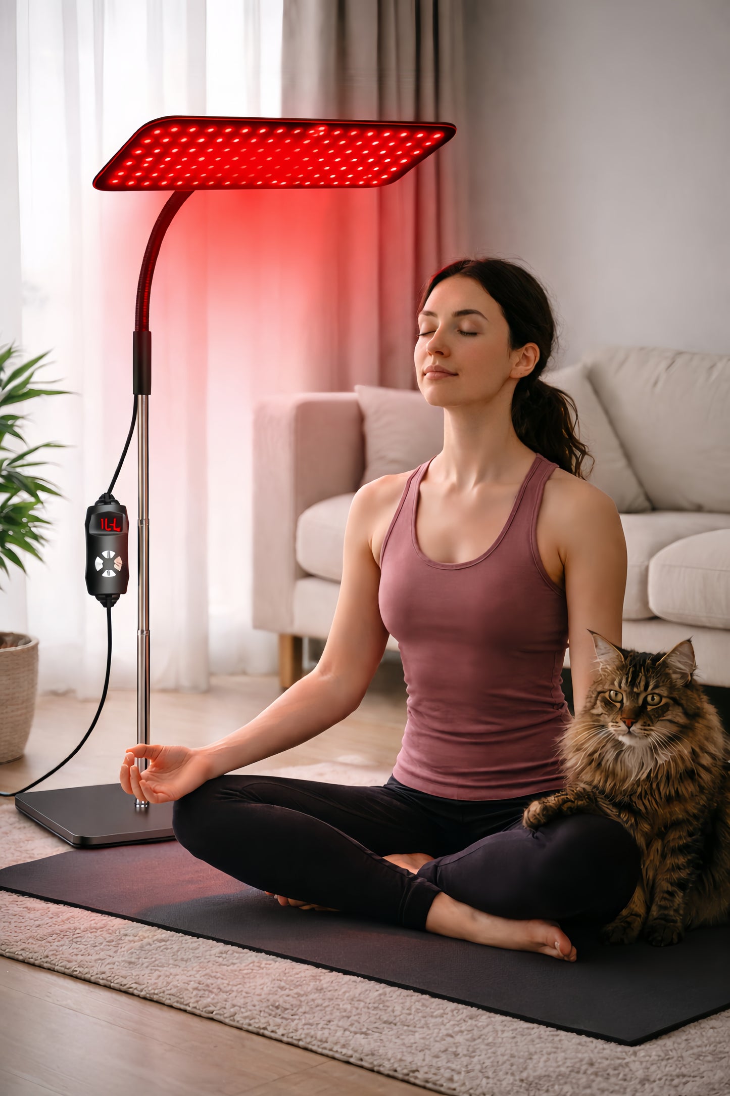Séance de relaxation à domicile avec lampe de luminothérapie rouge sur pied, femme méditant paisiblement dans un salon.