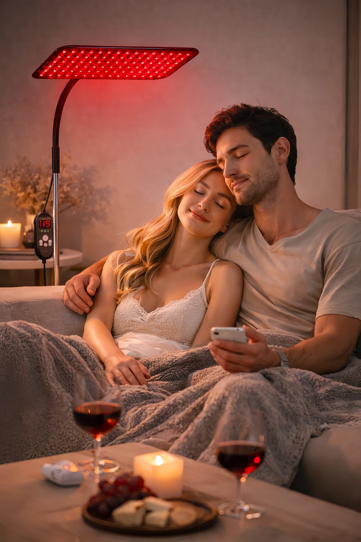 Lampe de luminothérapie rouge sur pied diffusant une lumière apaisante dans un salon, couple détendu profitant d’un moment de relaxation à domicile.