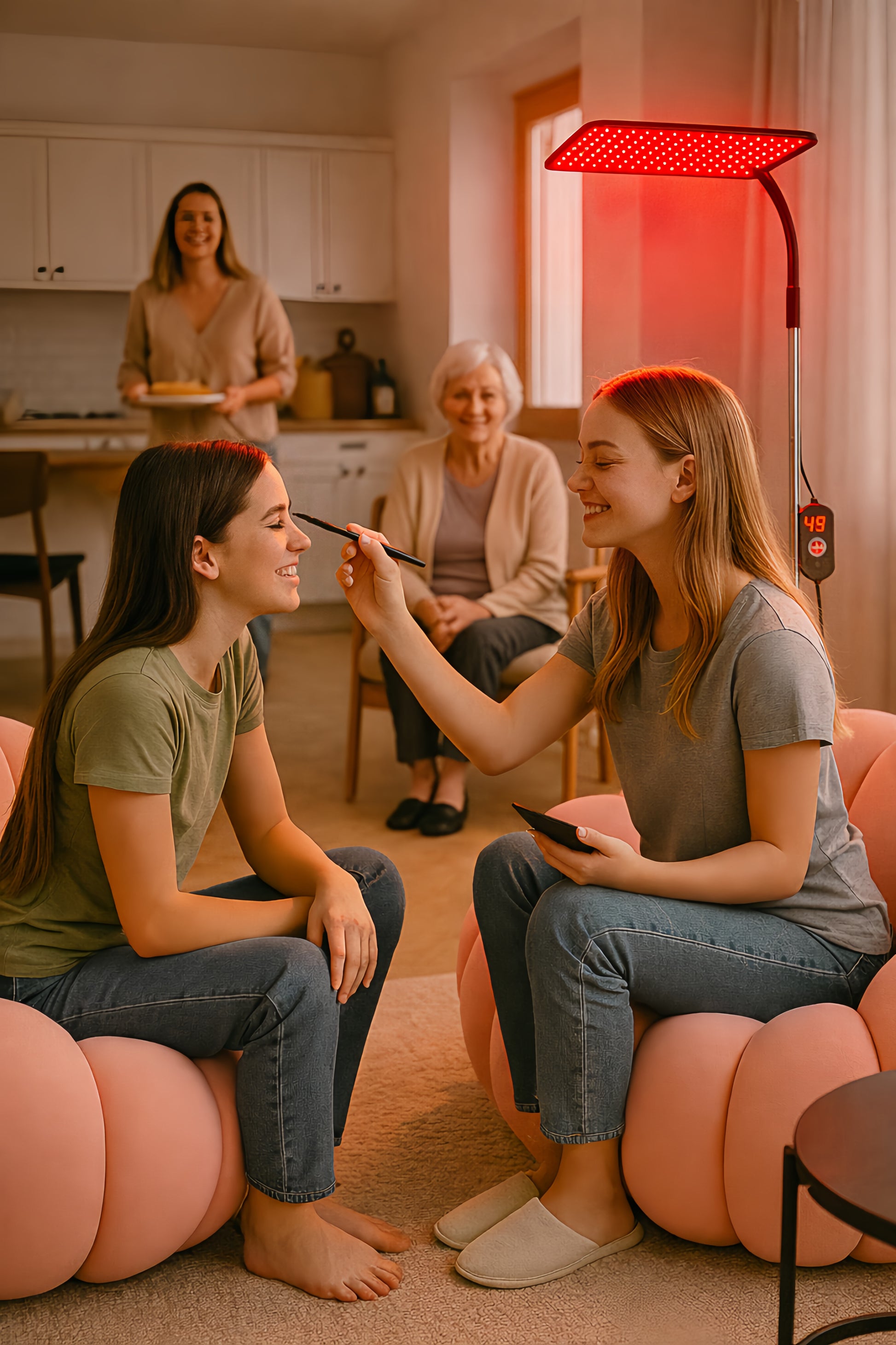 Lampe de luminothérapie rouge diffusant une lumière douce lors d’un moment convivial et bien-être en famille à la maison.