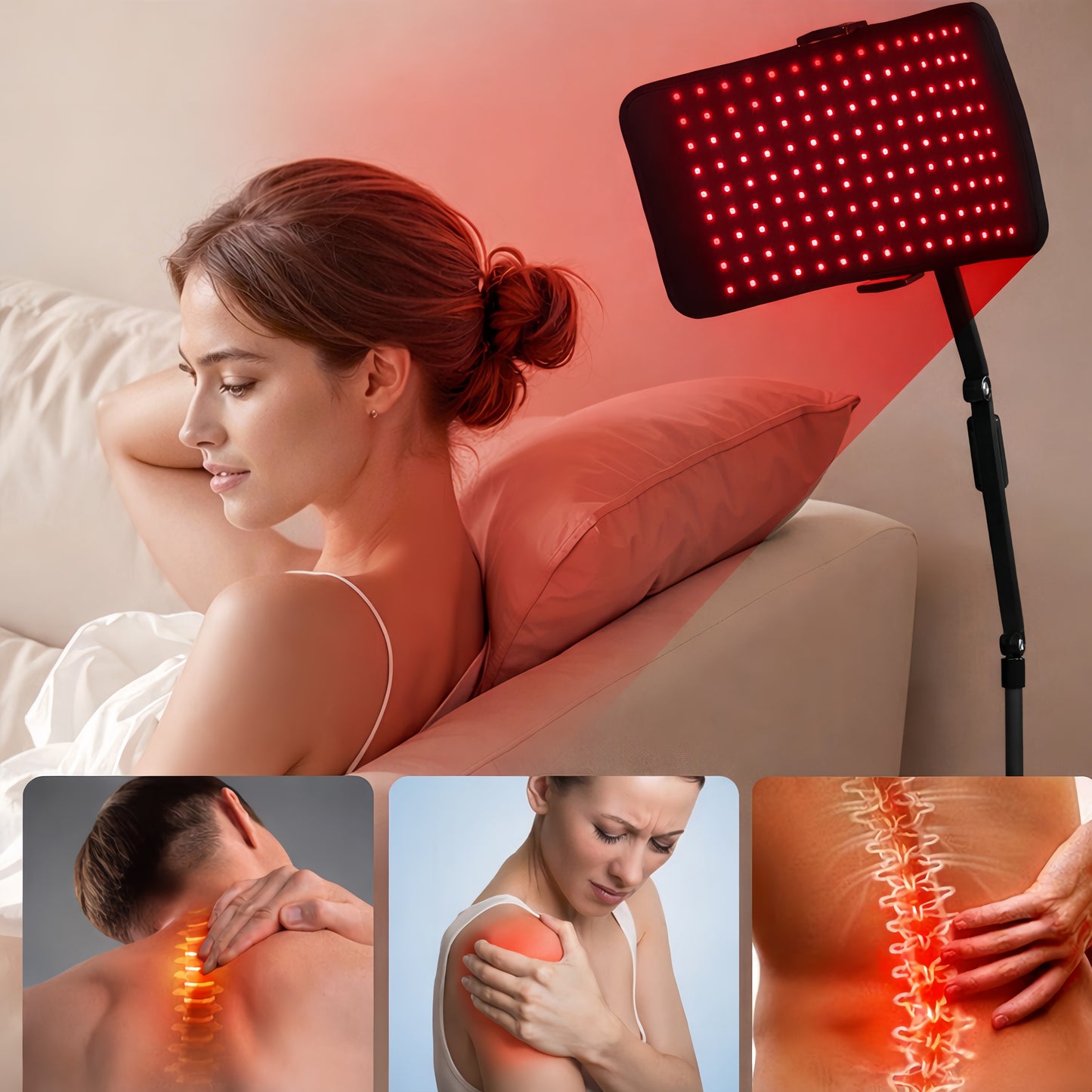 Lampe de luminothérapie rouge 660 nm positionnée près du dos pour une séance de détente musculaire et de relaxation corporelle à la maison.