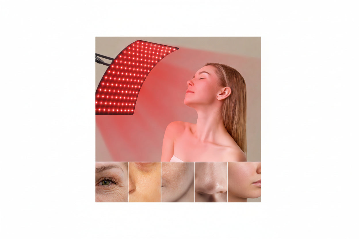 Lampe LED de luminothérapie rouge éclairant le visage pour une routine bien-être et soin de la peau en lumière douce.