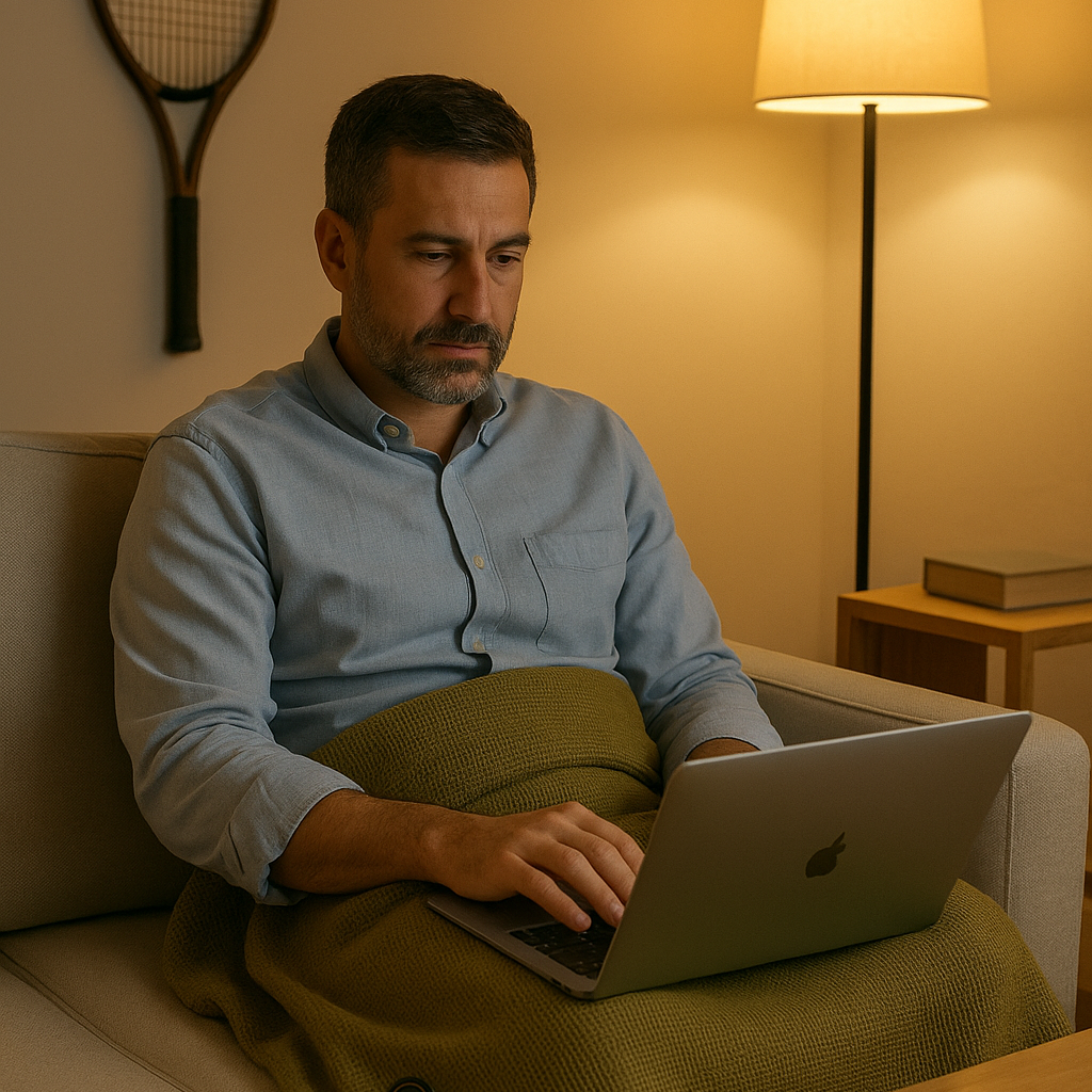 Homme travaillant avec couverture-veste chauffante olive sur les jambes, bouton de commande visible