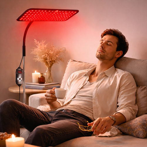 Lampe de luminothérapie rouge diffusant une lumière douce pendant un moment de détente sur canapé dans un intérieur chaleureux.