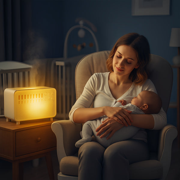 Diffuseur-humidificateur-blanc allumé sur table de chevet, veilleuse bébé ; mère tenant un nourrisson