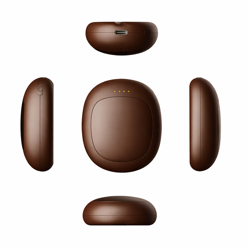 Chauffe-main forme grain de café, coloris chocolat - vues multiples (faces, tranche, connectique USB-C), fond blanc.