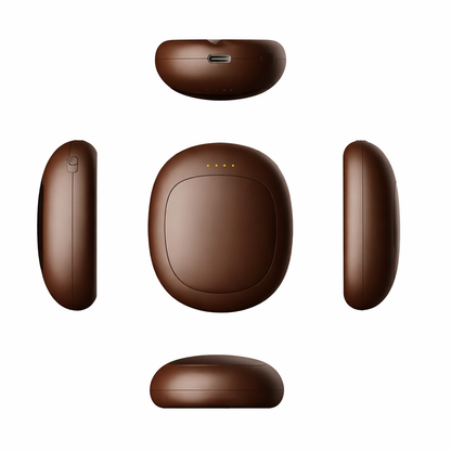 Chauffe-main forme grain de café, coloris chocolat - vues multiples (faces, tranche, connectique USB-C), fond blanc.