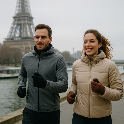 Trentenaires, homme et femme, utilisant chacun deux chauffe-mains lors d'une séance de course à pied, arrière-plan tour Eiffel, à Paris.