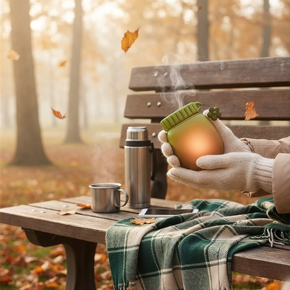 Chauffe-main Kaki tenu dans des gants, prêt à être utilisé comme batterie externe pour recharger un smartphone