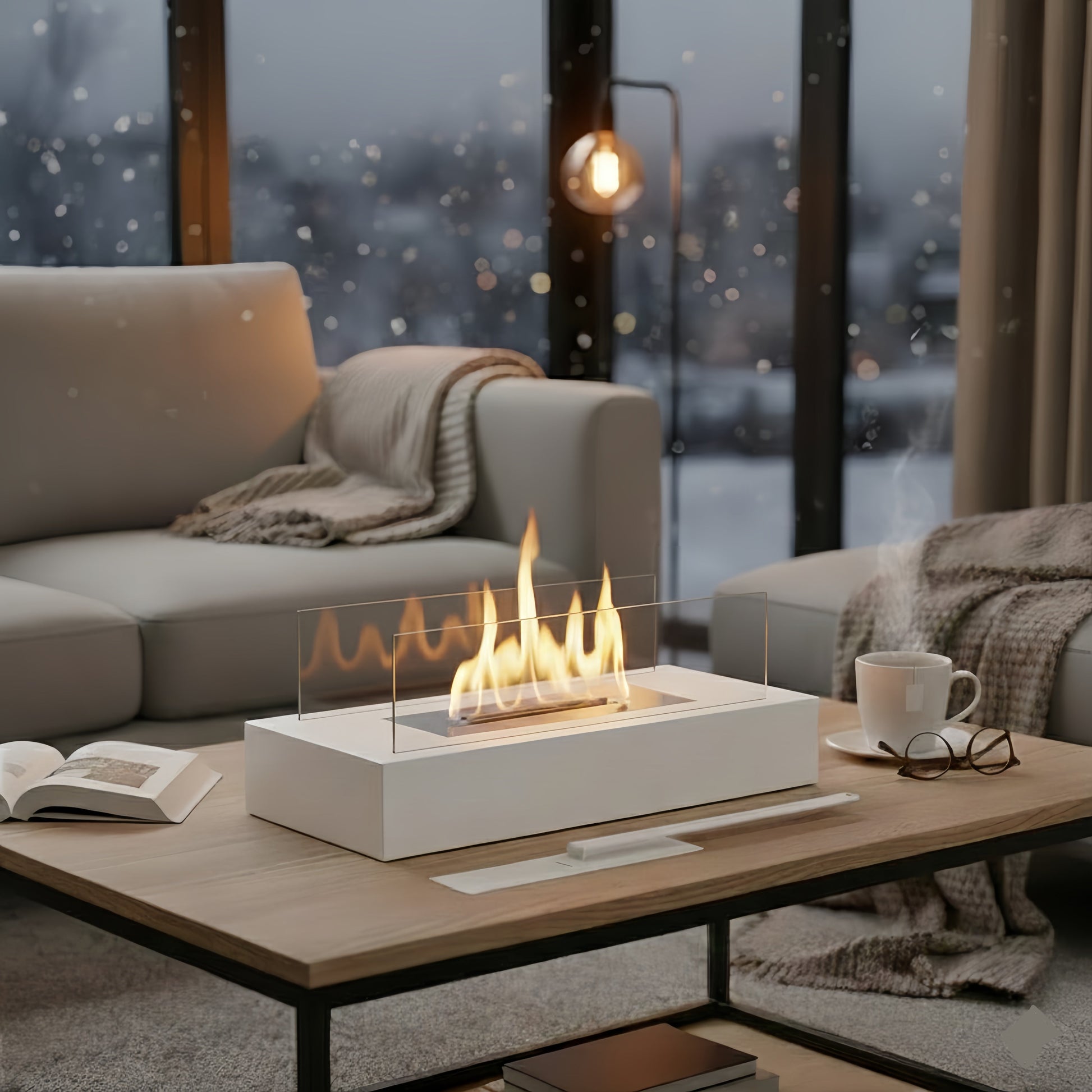 Cheminée de table rectangulaire à parois en verre, posée sur une table basse devant une grande baie vitrée.