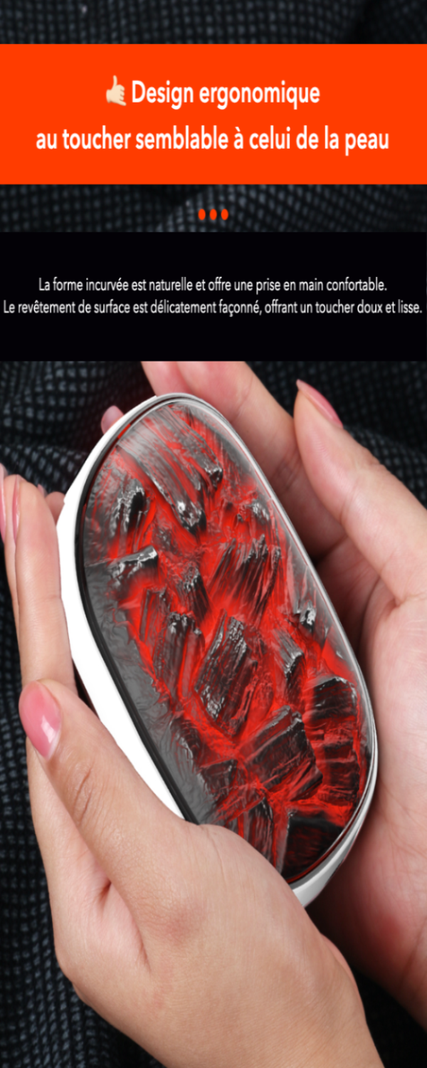 Femme tenant dans ses mains la chaufferette main rechargeable chargeur usb c, effet flamme