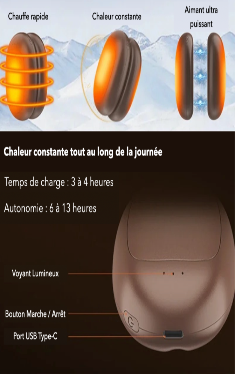 Détails du chauffe-main rechargeable USB-C forme grain de café.