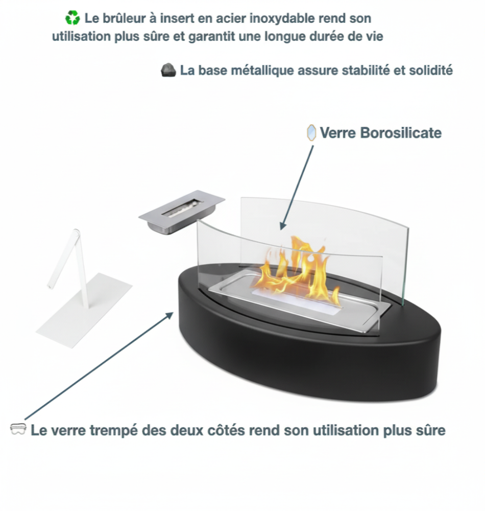 Schéma présentant une cheminée ovale noire de table, avec un brûleur en acier inoxydable, des parois en verre borosilicate et du verre trempé des deux côtés pour une utilisation plus sûre.