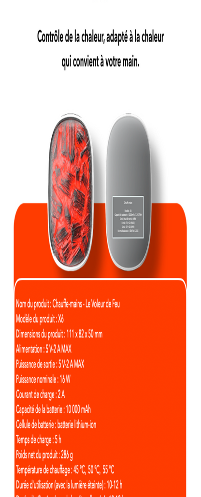 Chauffe main rechargeable USB-C pour le ski, batterie 5h - aspect flamme avec chauffe rapide - 3 niveaux, 2000 mAh lithium
