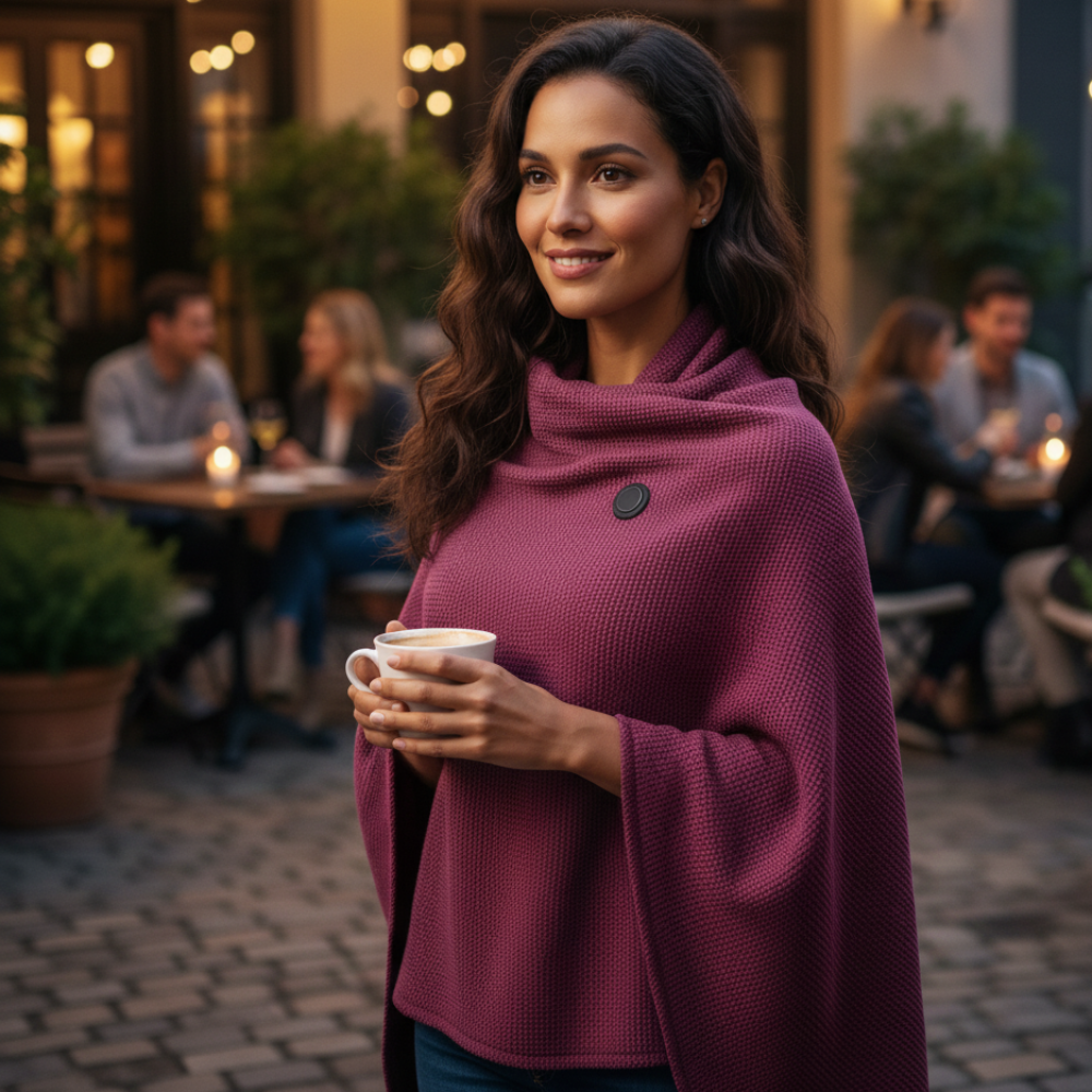 Femme en terrasse, tenant une tasse, portant une couverture-chauffante rouge profond, bouton de commande visible