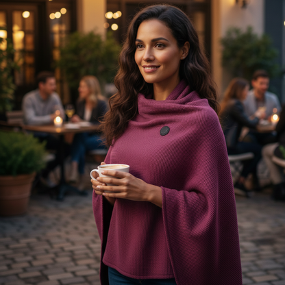 Femme en terrasse, tenant une tasse, portant une couverture-chauffante rouge profond, bouton de commande visible