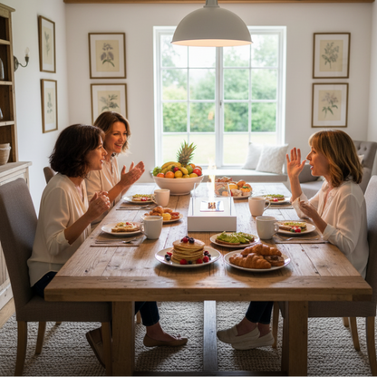 Cheminée de table rectangulaire blanche avec parois en verre, allumée sur une table en bois lors d’un petit-déjeuner.
